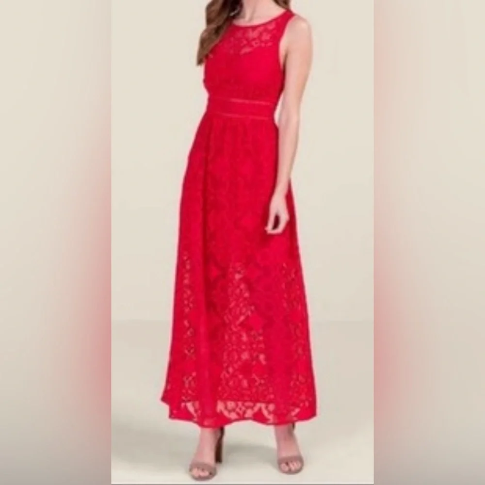 Francesca’s Miami NWT Elegant Red Lace Maxi Dress - Picture 1 of 12